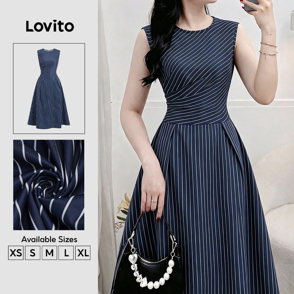 Lovito Đầm thanh lịch bất đối xứng sọc bên mùa xuân/hè màu xanh navy cho nữ DRB202P2D416