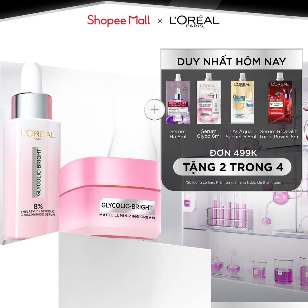 Bộ đôi serum & kem dưỡng sáng da đột phá Melasyl mờ thâm mụn, nám L'Oreal Paris Glycolic Bright 30ml, 50ml