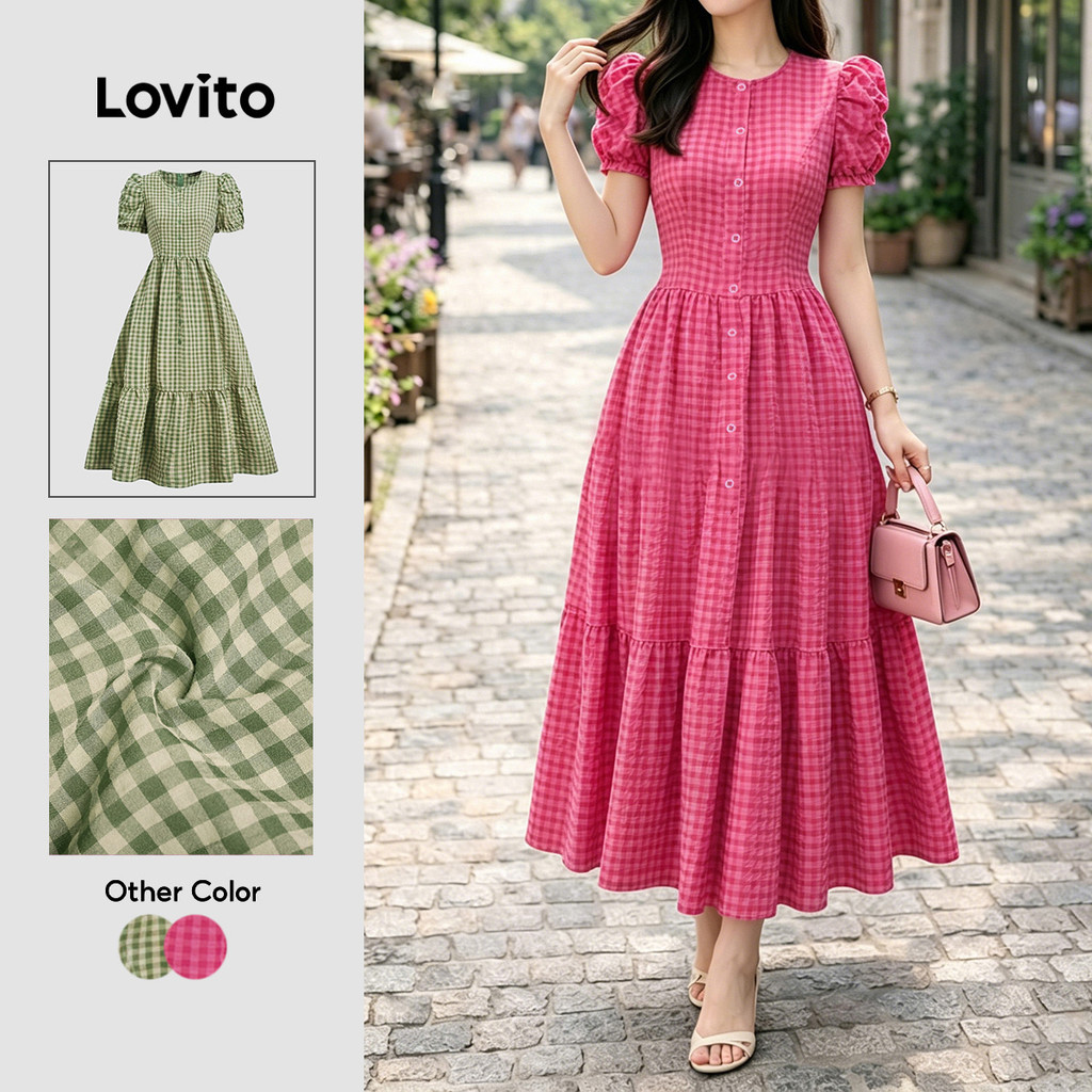 Lovito Đầm Mặc Thường Ngày Họa Tiết Nút Mùa Xuân / Hè Màu Đỏ Hồng Cho Nữ L196ED128