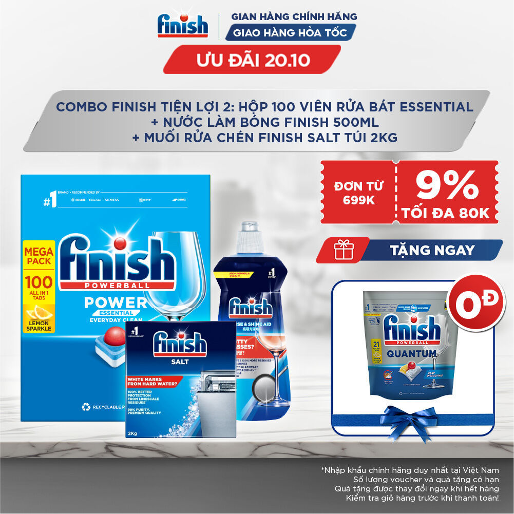 [20.10 Tặng Quantum 21 viên] Combo Finish tiện lợi: Hộp 100 Viên Rửa Bát Essential + Nước Bóng 500ml + Muối Rửa 1kg