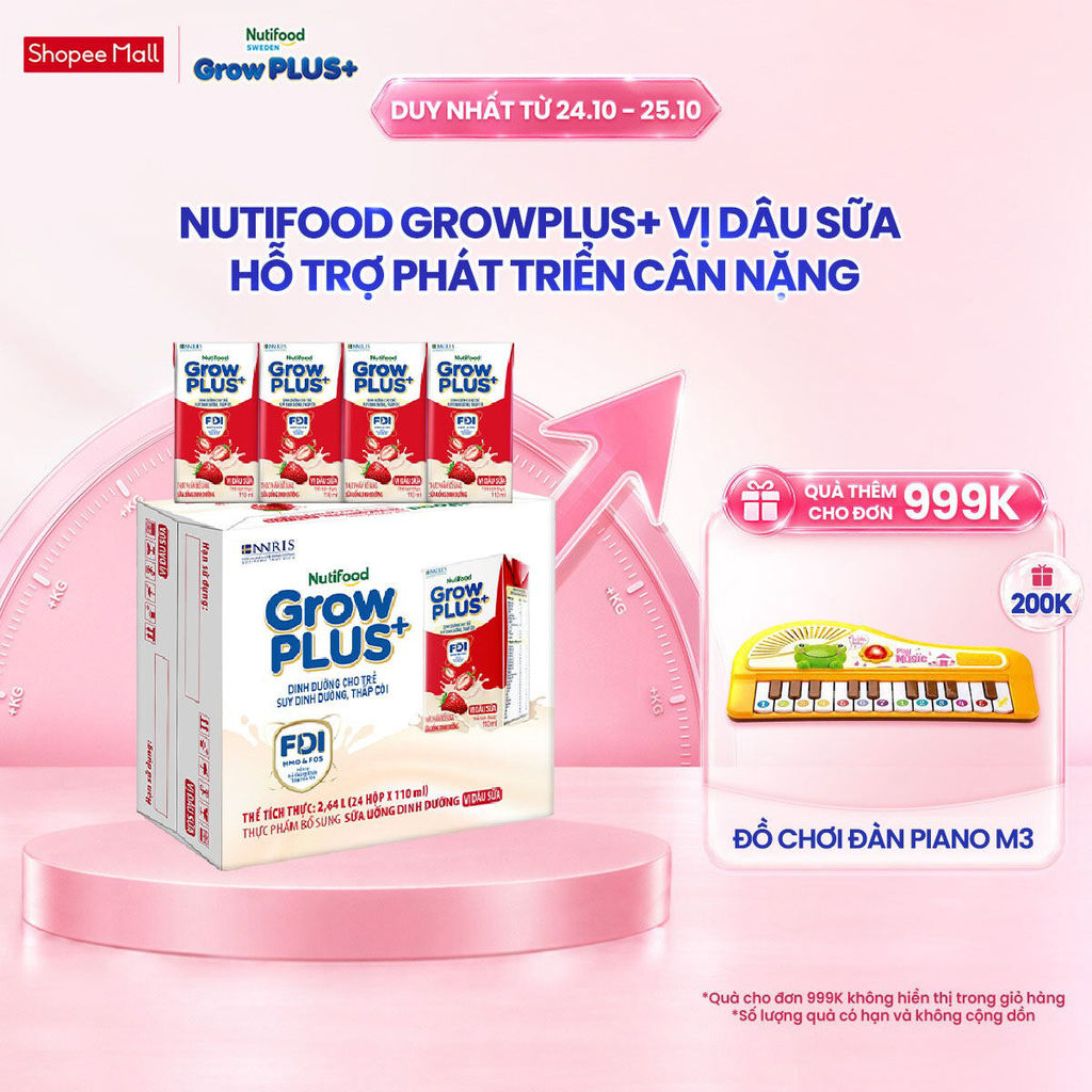 Thùng 24 hộp Sữa bột pha sẵn Nutifood GrowPLUS+ Vị Dâu hộp 110ml - Trên 1 tuổi (24 hộp x 110ml)