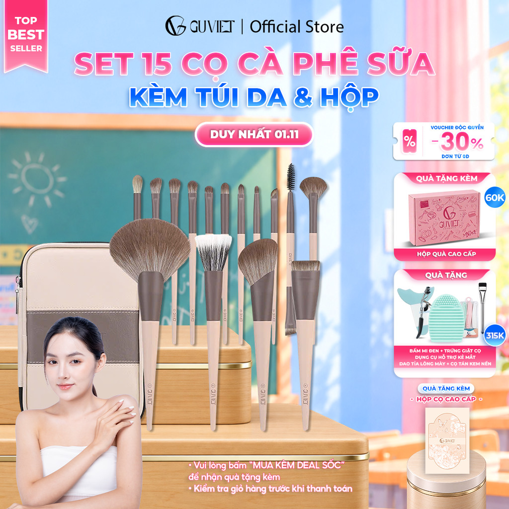 Bộ cọ trang điểm cá nhân cao cấp GUVIET màu cà phê sữa gồm 15 cọ đi kèm túi da và hộp đựng