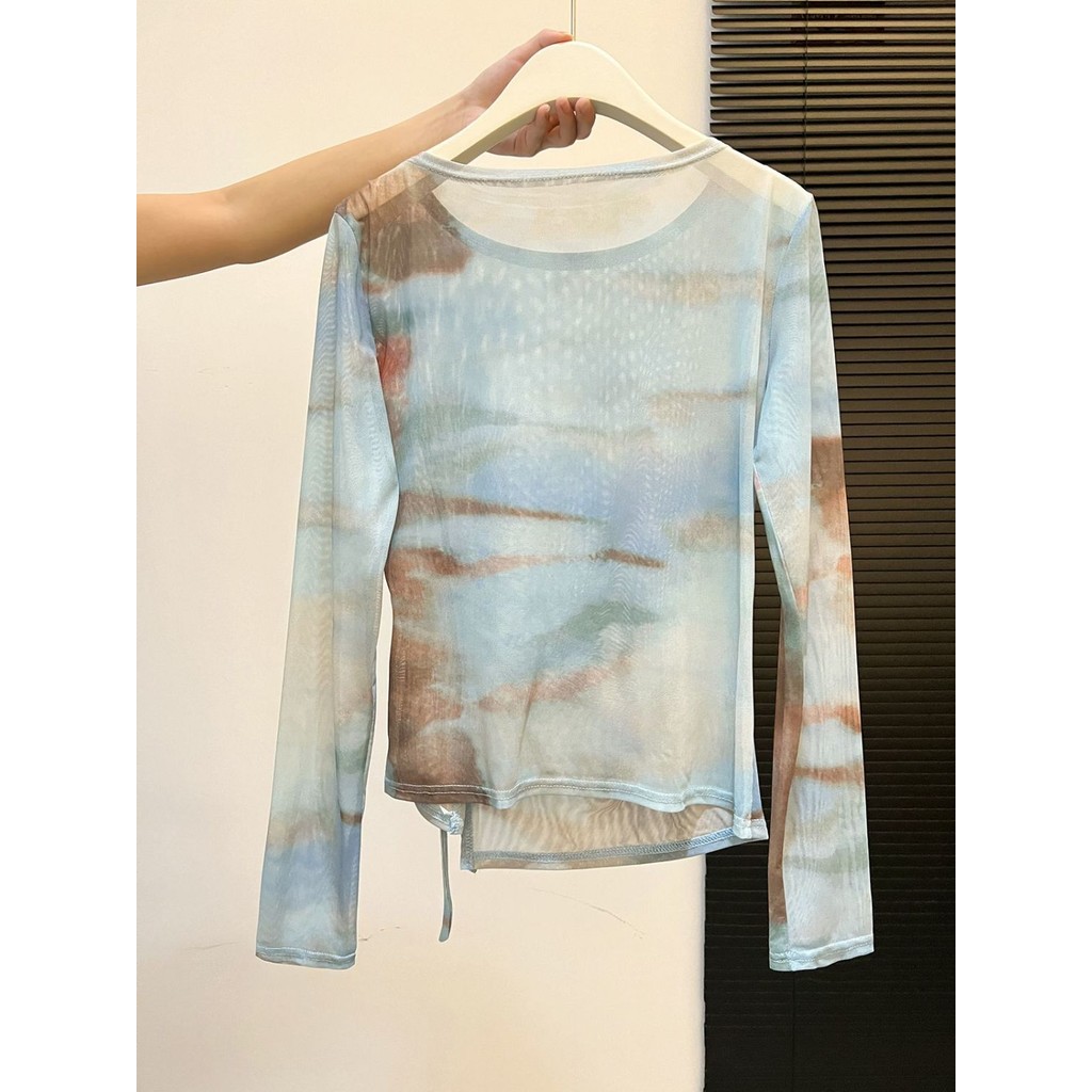 Milyfashion Tie-Dye In viền không đều dài tay gạc Top mỏng xuyên thấu Sunscre