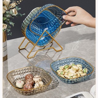 Set 4 khay đĩa nhựa viền vàng trong suốt đựng trái cây, thực phẩm đa năng, kèm giá đựng trang trí sang trọng