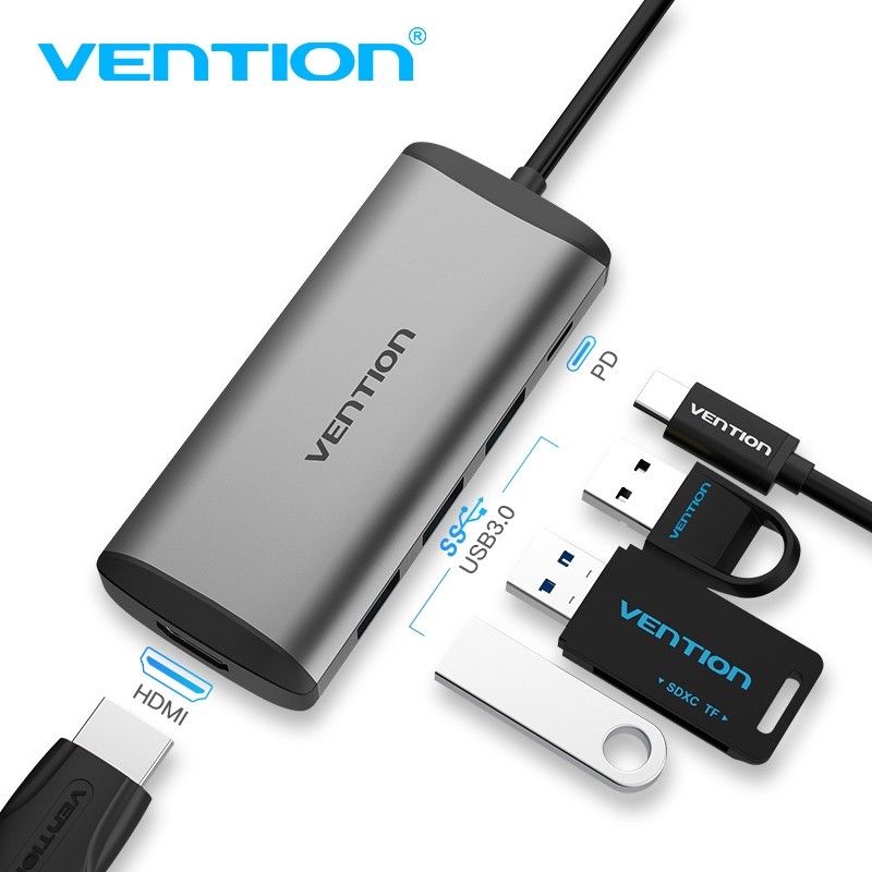 Bộ Chuyển Đổi HUB Type-C Vention 5-in-1 Hỗ Trợ HDMI 4K@30Hz, USB 3.0 Tốc Độ Cao, PD Sạc Nhanh, Cho Điện Thoại Laptop PC