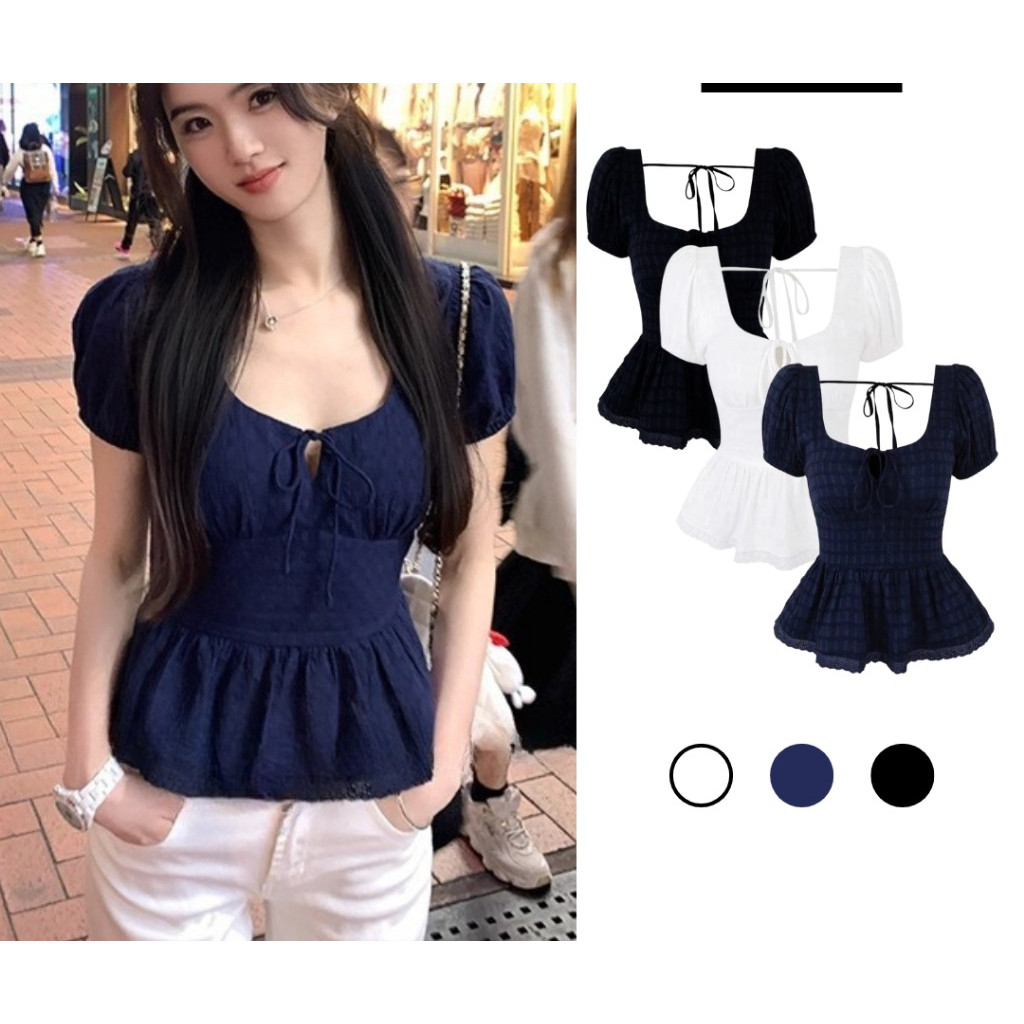 Áo Babydoll Thắt Eo, Smock Lưng Ôm Dáng Cực Xinh Màu Xanh Kiểu Cổ Vuông Hàn Quốc_A649