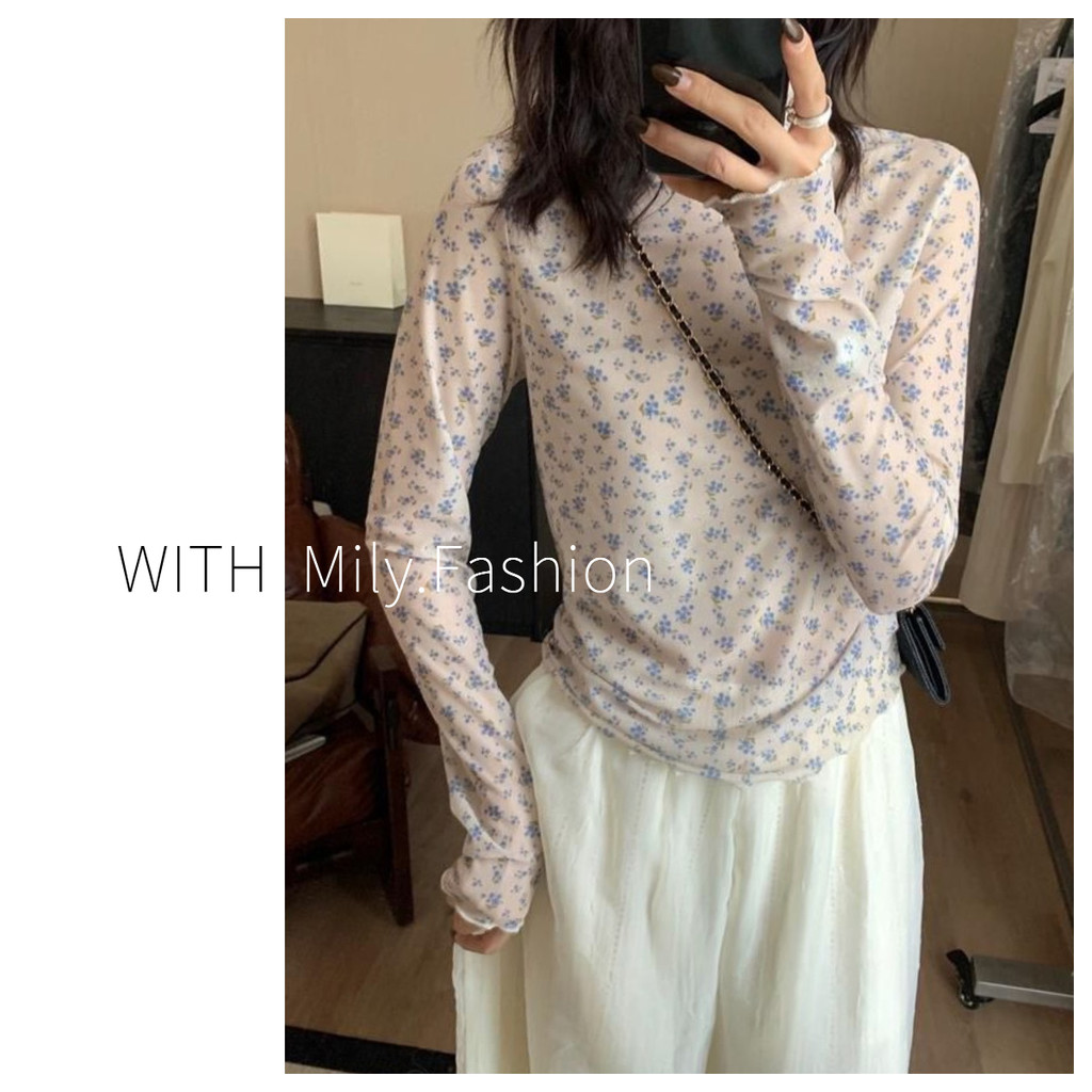 Vải lưới đàn hồi cao Milyfashion Slim-fit Slimmer Look Phong cách mới Phù hợp với hoa cổ cao dài tay T Sunscre