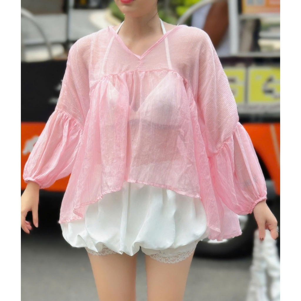 Áo Nữ Dáng Babydoll Kiểu Tay Bồng Cổ V  Phong Cách Tiểu Thư Sang Chảnh A51313