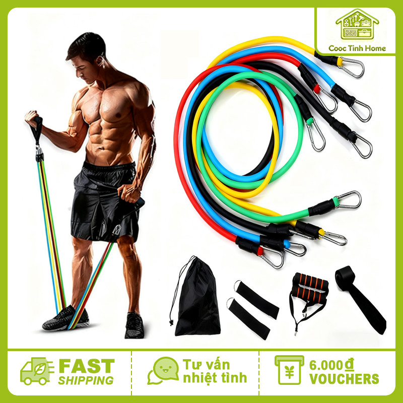 Bộ 5 Dây Tập Gym Ngũ Sắc Đàn Hồi Cao Cấp 11 Món – Dây Kháng Lực Toàn Thân, Dụng Cụ Tập Thể Hình Tại Nhà