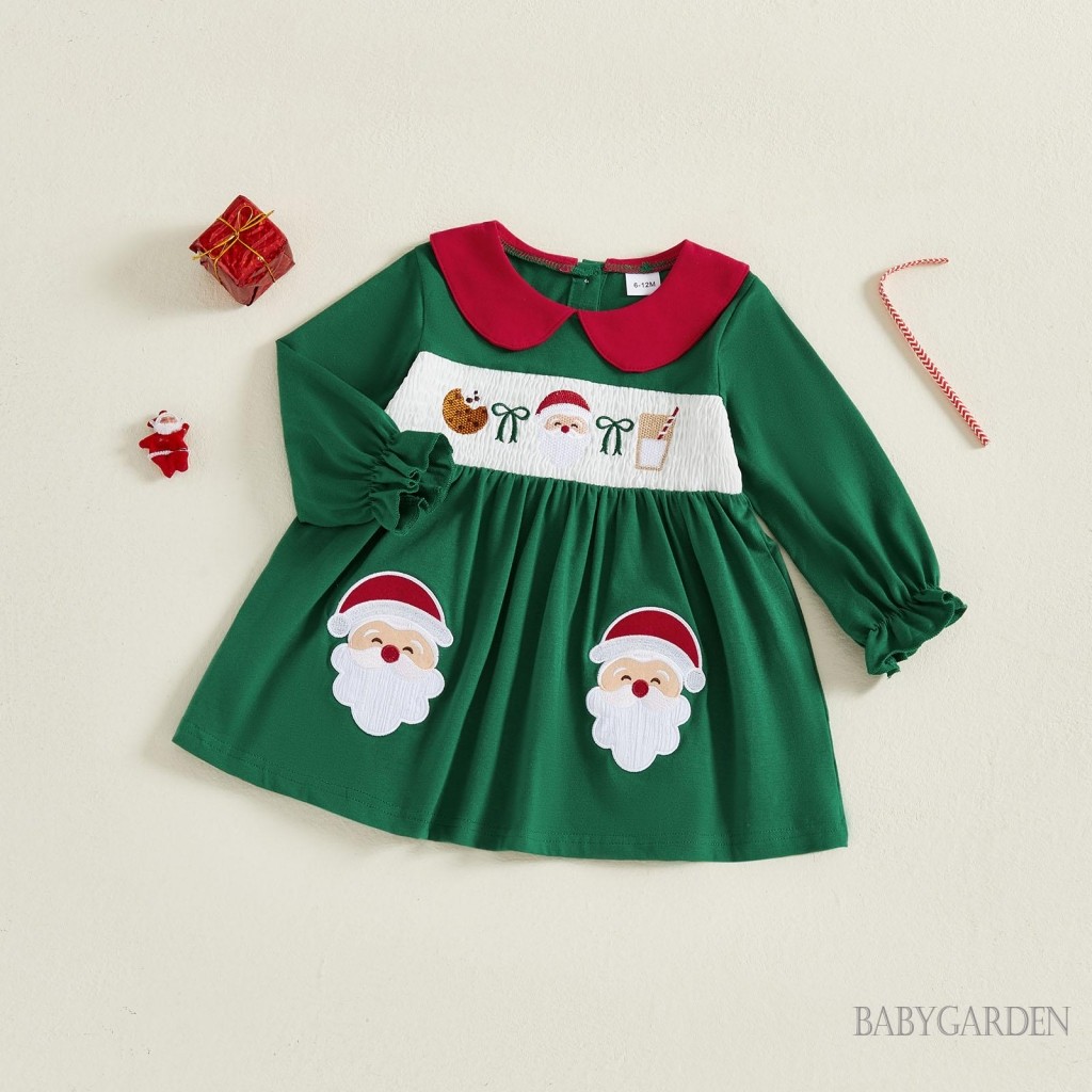 6M-5Y Bé Gái Váy Giáng Sinh Tay Dài babydoll Cổ Thêu Ông Già Noel Mùa Thu Đầm