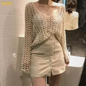 Pealike Nữ Flare Áo Sơ Mi Lưới Dài Tay Rỗng Móc Che Áo Đi Biển