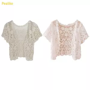 Pealike Nữ Mùa Hè Tay Ngắn Móc Shrug Rỗng Ra Hoa Ren Mở Phía Trước Crop Cardigan Chống Nắng Vỏ sò