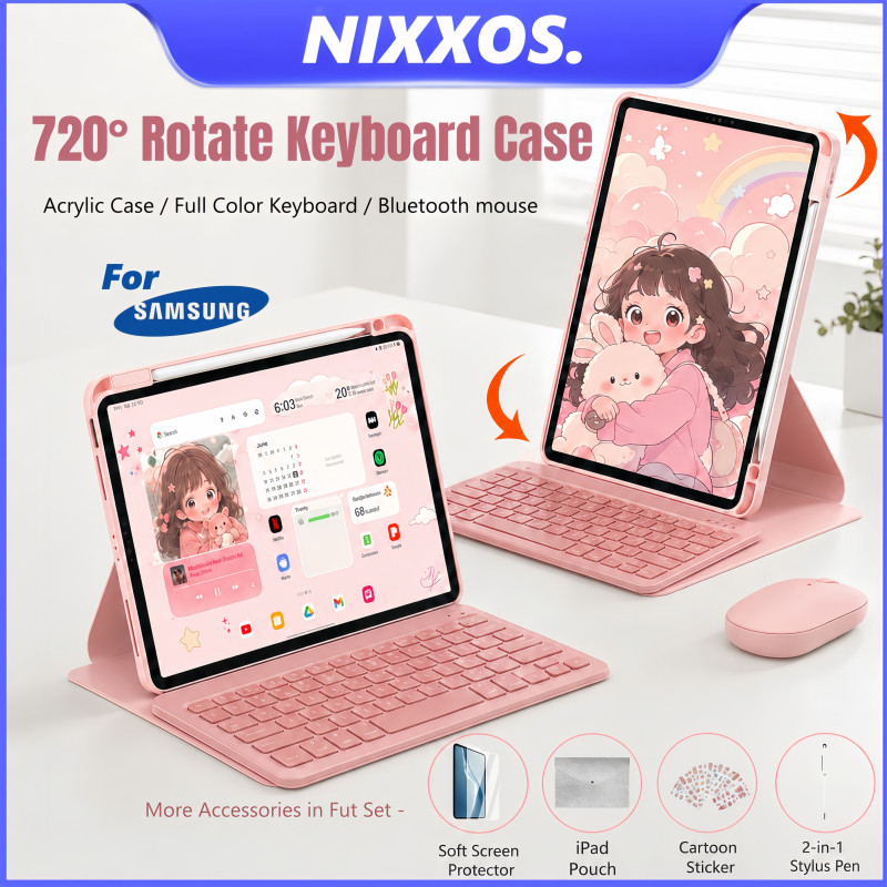 NIXXOS Ốp lưng bàn phím xoay 720° cho Samsung Galaxy Tab, có khe đựng bút, vỏ acrylic và bàn phím Bluetooth nam châm, tương thích với S11/S10 Lite/S10FE/S10 Plus/S9/S9FE/S9 Plus/A11 Plus/A9 Plus