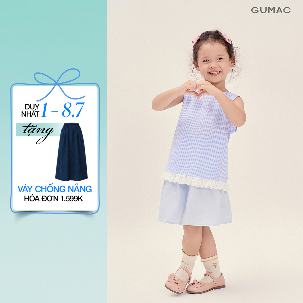 Áo Kiểu Bé Gái GUMAC Form Suông Xòe Lai Ren Xếp Nhún Caro Xốp Dễ Thương AKG04040