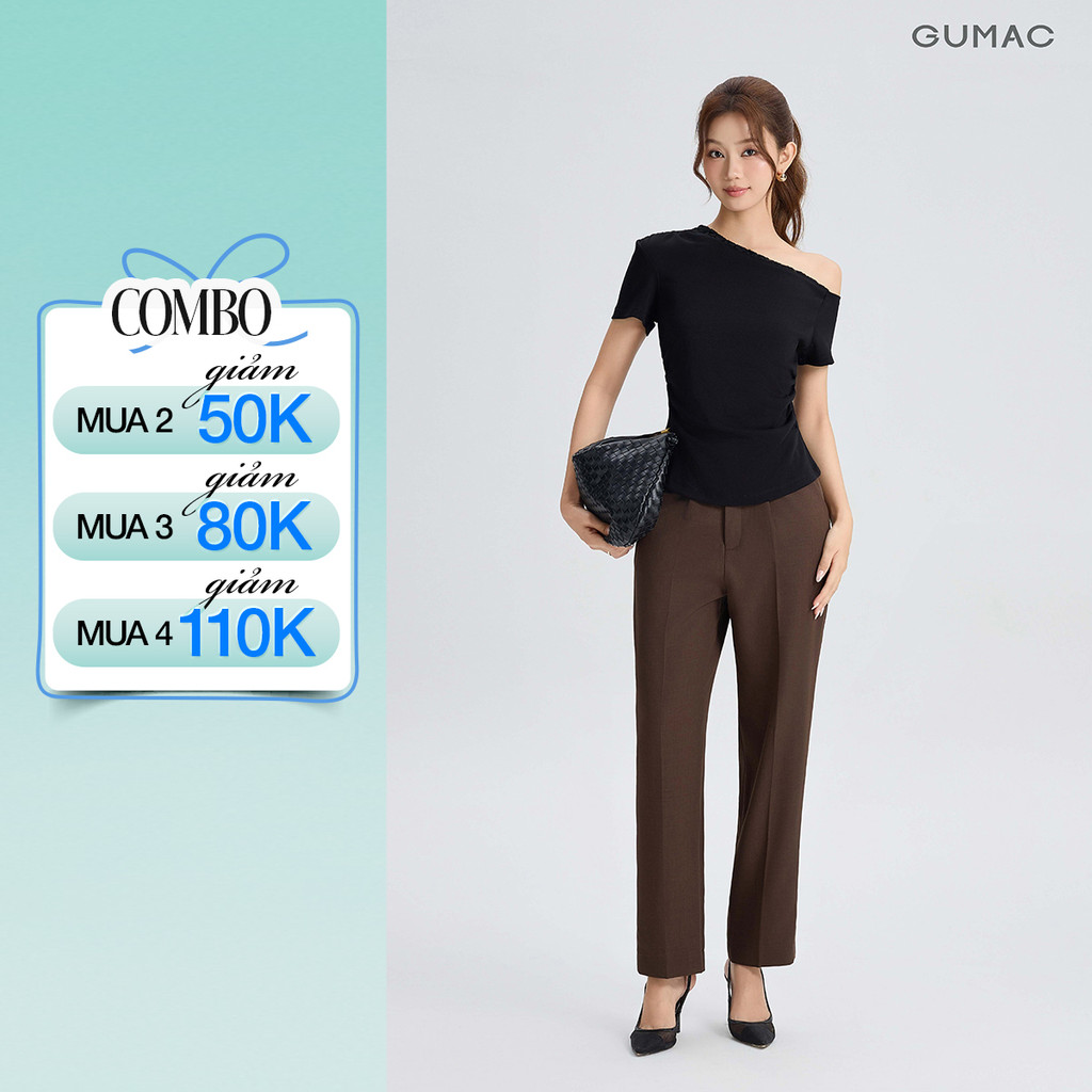 Quần Tây Nữ GUMAC Form Ống Đứng Ly Eo Nút Gỗ Poly Chéo Thanh Lịch QG05026