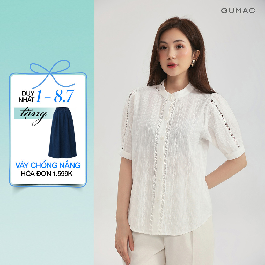 Áo kiểu form suông GUMAC tay lửng cổ trụ nẹp nút và tay áo phối viền ren AG01005