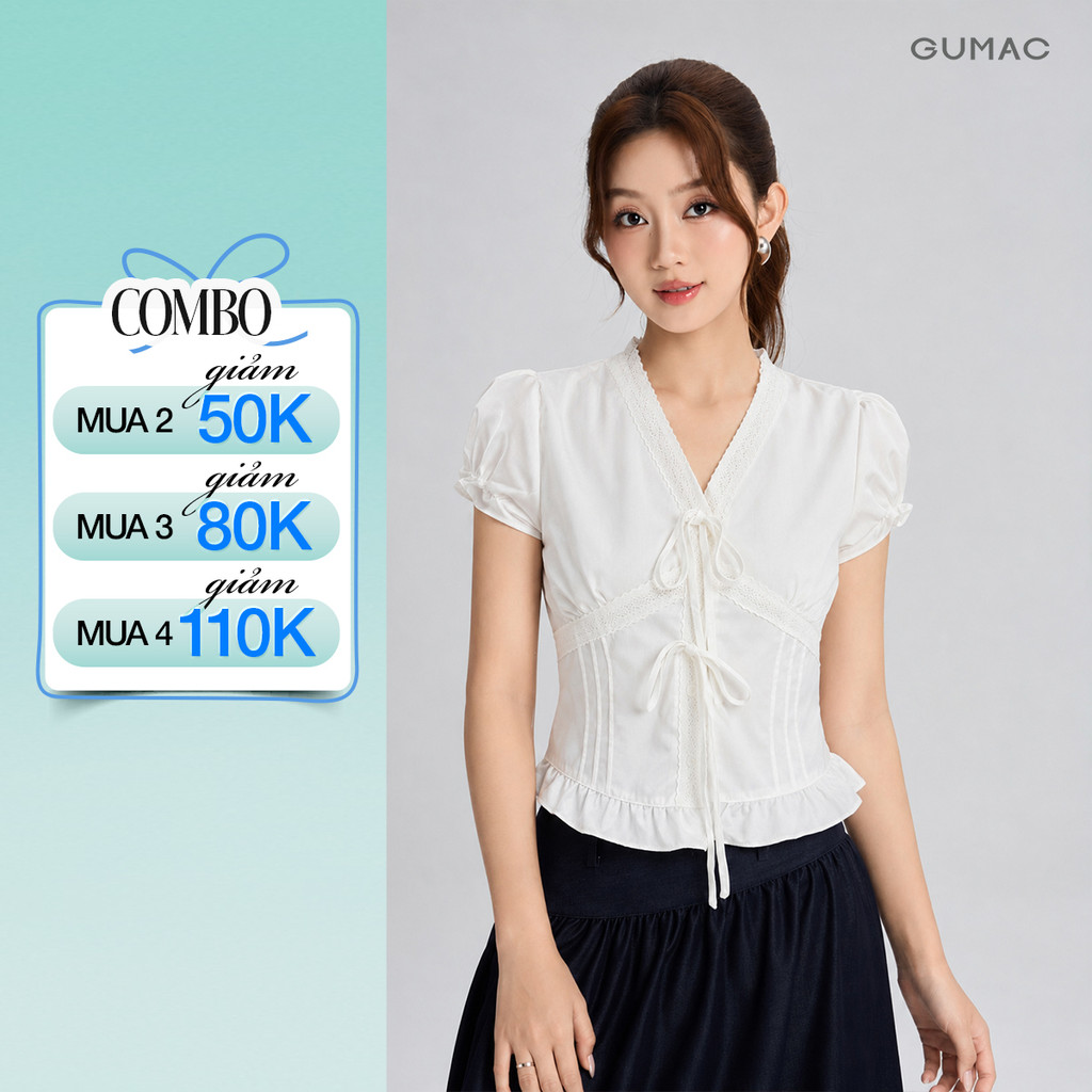 Áo Kiểu Nữ Gmorning - GUMAC Form Ôm Cổ V Tay Ngắn Nhún Ngực Phối Viền Ren Dịu Dàng Sang Trọng YAG06005