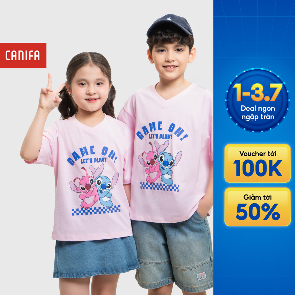 Áo phông unisex trẻ em CANIFA cổ tròn cộc tay in hình Stitch 3TS26S004