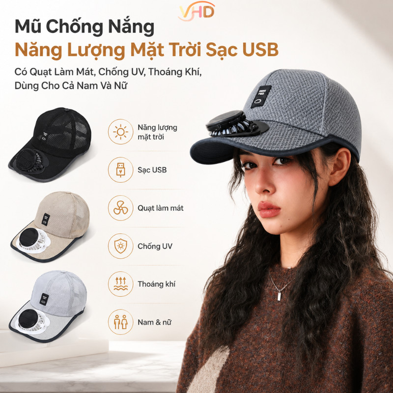 Mũ Chống Nắng Năng Lượng Mặt Trời Sạc USB - Có Quạt Làm Mát, Chống UV, Thoáng Khí, Dùng Cho Cả Nam Và Nữ