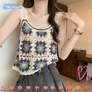 Áo kiểu móc EBINLANDS, Dây đeo áo Vest rỗng Dopamine dệt kim, Áo kiểu Bohemian đầy màu sắc phong cách ngày lễ phong cách hoa không tay hàng đầu dành cho nữ