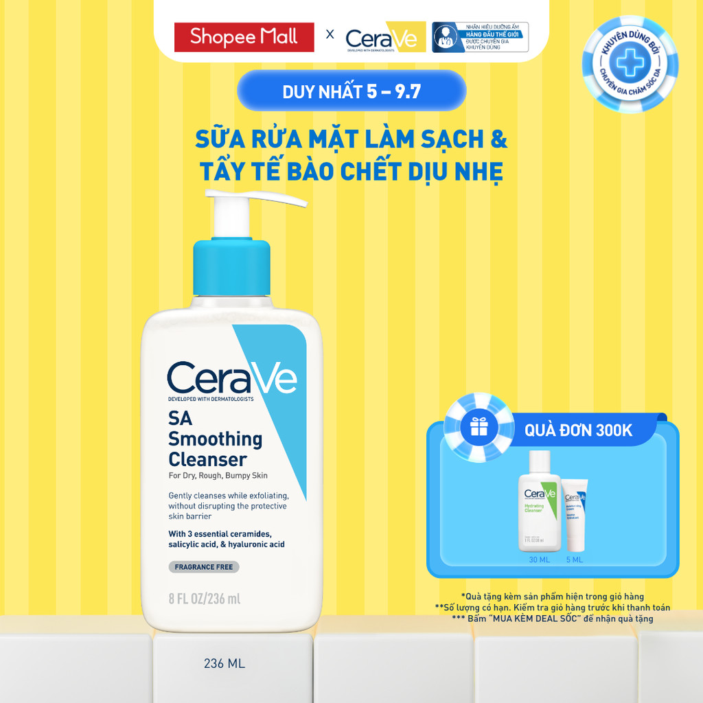 Sữa rửa mặt làm sạch da, loại bỏ dầu thừa và tẩy tế bào chết dịu nhẹ không gây khô da CeraVe SA Smoothing Cleanser 236ML