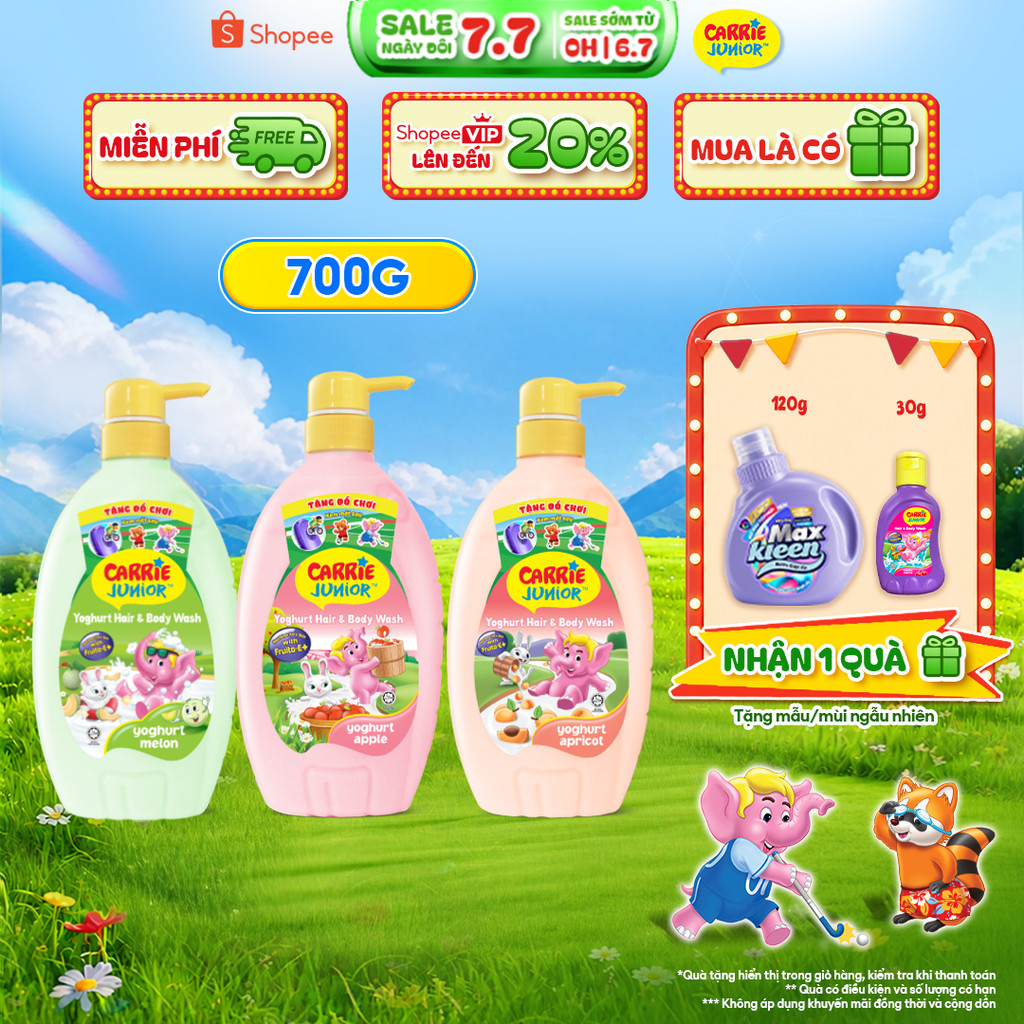 Chai Sữa Tắm Gội cho bé Carrie Junior Yoghurt hương trái cây thiên nhiên 700g