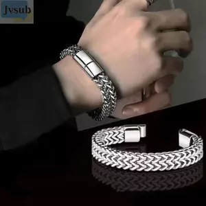 Vòng tay bằng thép không gỉ JVSUB, Vòng tay tỷ lệ cá chồng chéo đôi phong cách cổ điển, Chất liệu hợp kim Dây xích lề đường Thiết kế bện Vòng tay hai hàng Trang sức nam