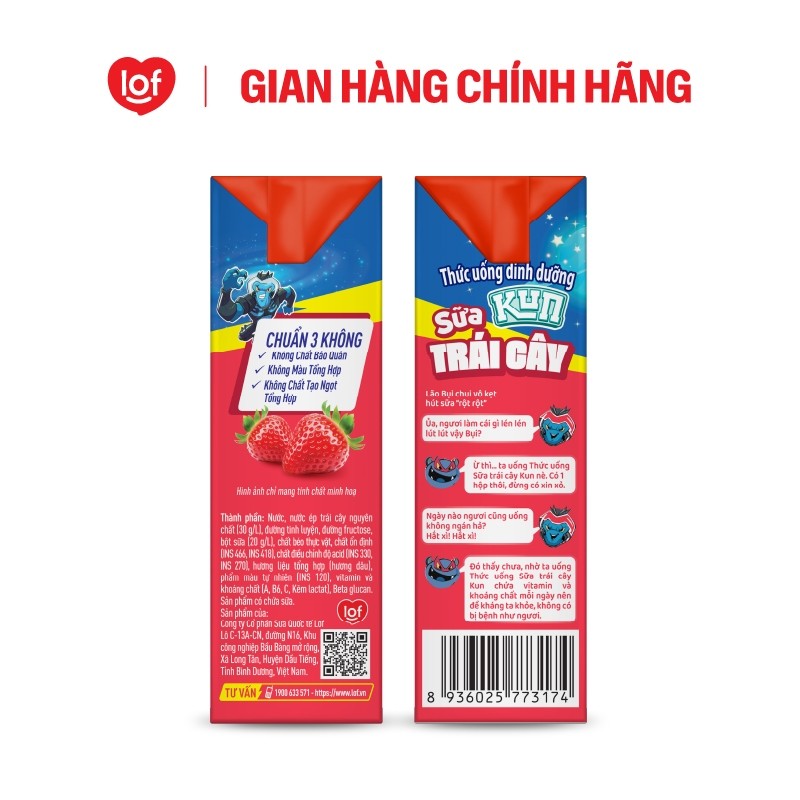Sữa trái cây KUN vị dâu thùng 48 hộp x 180ml