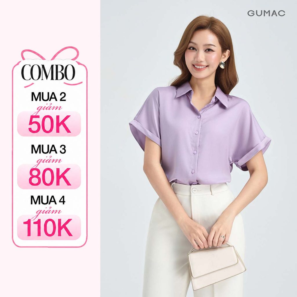 Áo Sơ Mi Nữ Tay Ngắn GUMAC Form Suông Cơ Bản Chất Liệu Lụa Mềm Mát Phối Tay Lật Lai AE04036