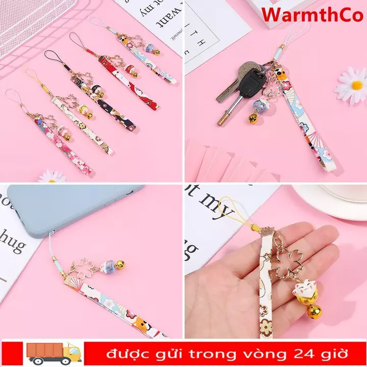 WARMTHCO Chuông Mèo May Mắn Sakura Dây Điện Thoại Phụ Kiện Dễ Thương Mặt Dây Đeo Điện Thoại Dây Chuông Hoa Anh Đào Dây Treo Dây Đeo Điện Thoại Dây Buộc