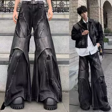 ZH Nam Y2k Baggy Flare Jeans Bông Tai Kẹp Nhật Bản 2000 Phong Cách Chắp Vá Quần Denim Vintage Oversize Hàng Hóa Quần Jean Quần Quần Quần Quần Quần Áo