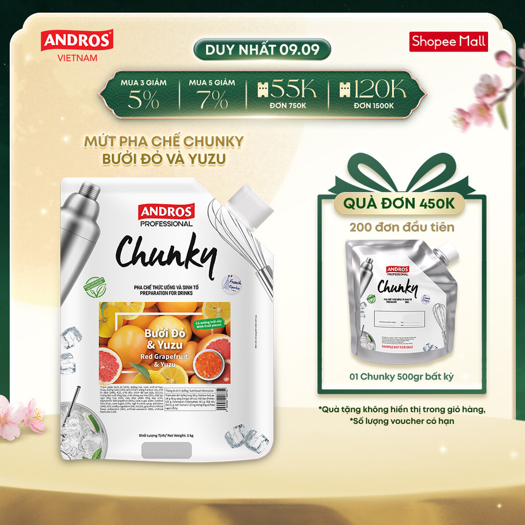 Mứt Trái Cây Pha Chế Bưởi đỏ & Yuzu – Có miếng trái cây thật – Nguyên liệu pha chế – ANDROS CHUNKY – 1kg