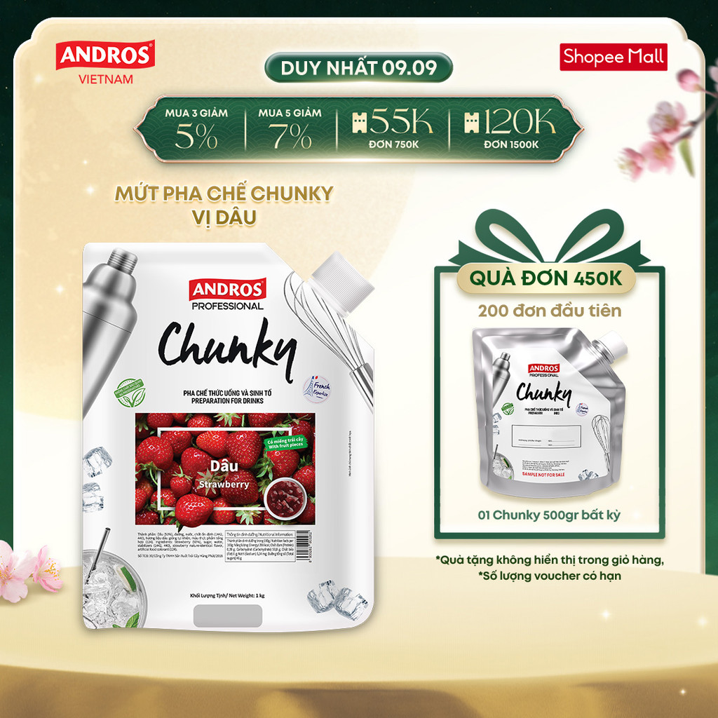 Mứt Trái Cây Pha Chế Dâu – Có miếng trái cây thật – Nguyên liệu pha chế – ANDROS CHUNKY – 1kg