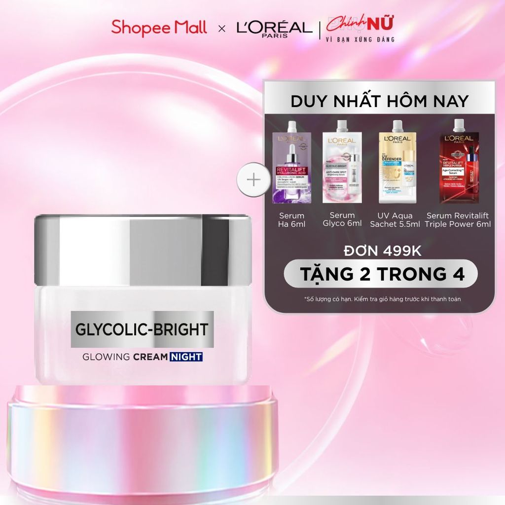 Kem dưỡng ban đêm dưỡng sáng mịn & mờ thâm nám L'Oreal Paris Glycolic (AHA) Bright [Glycolic+ Niacinamide] + 50ml
