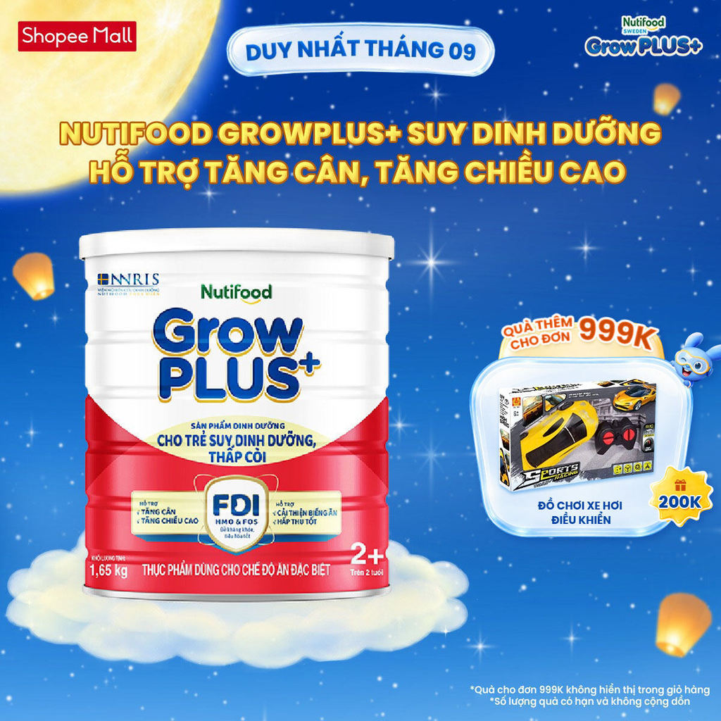 Sữa bột Nutifood GrowPLUS+ Suy Dinh Dưỡng (Đỏ) 2+ Tăng Cân, Tăng Chiều Cao (Lon 1,65 Kg)