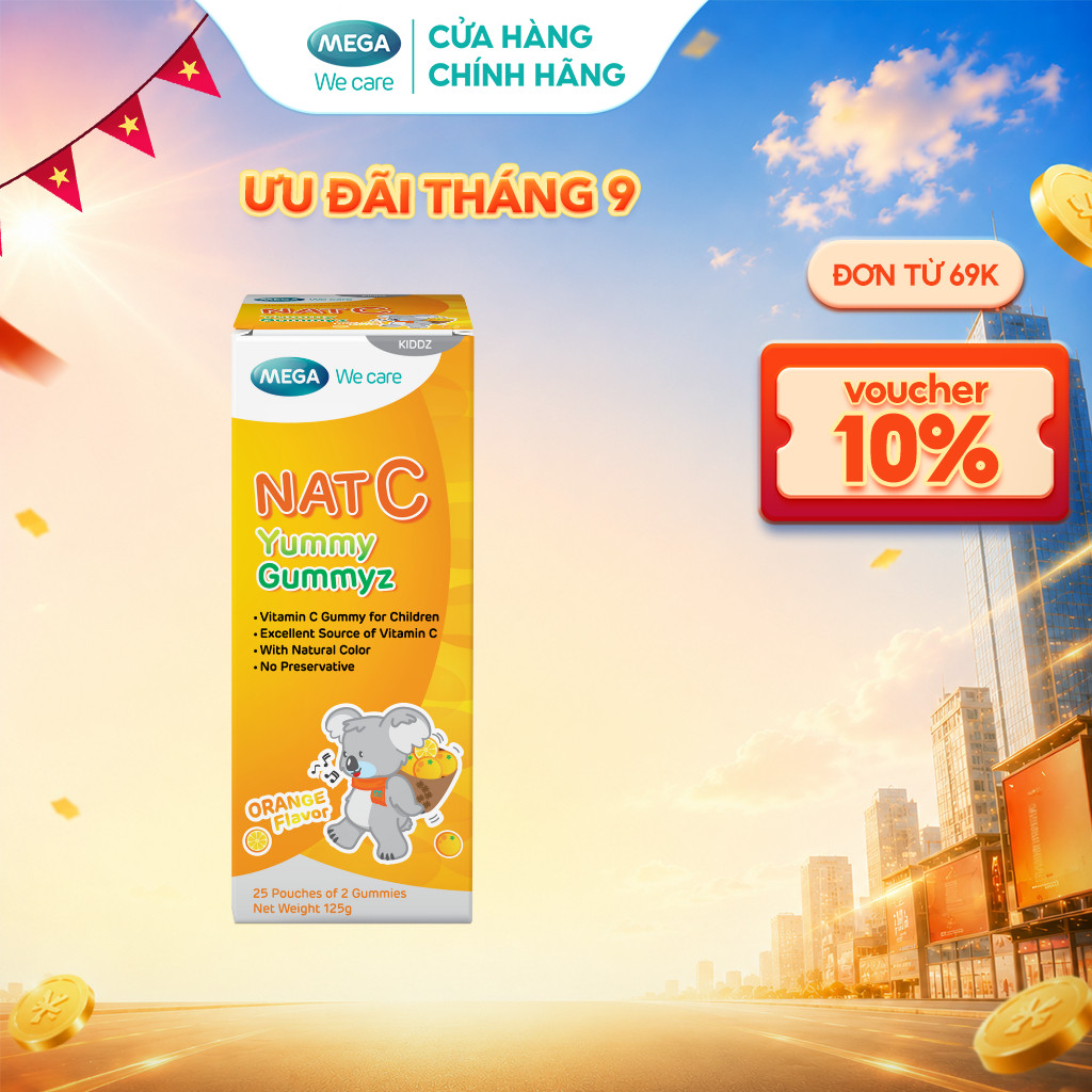 Kẹo dẻo vitamin C Mega We Care Nat C Yummy Gummyz (hương cam) giúp tăng đề kháng (Hộp 25 túi 2 viên) – TPBVSK
