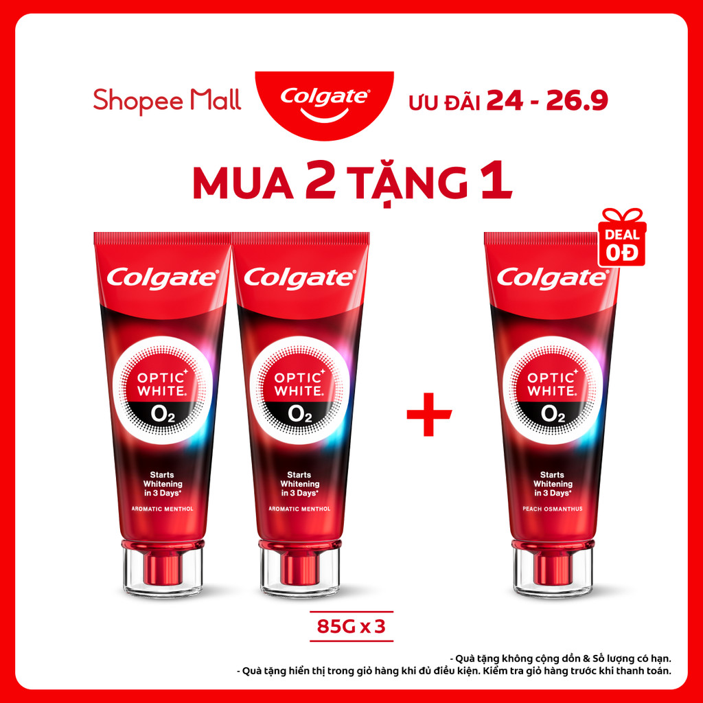 Bộ 2 Kem Đánh Răng Colgate trắng răng TRONG 3 NGÀY Optic White O2 với Oxy Hoạt Tính 85g/tuýp