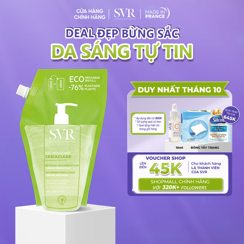 Gel rửa mặt cho da dầu mụn, không chứa xà phòng SVR Sebiaclear Gel Moussant Refill 400ML
