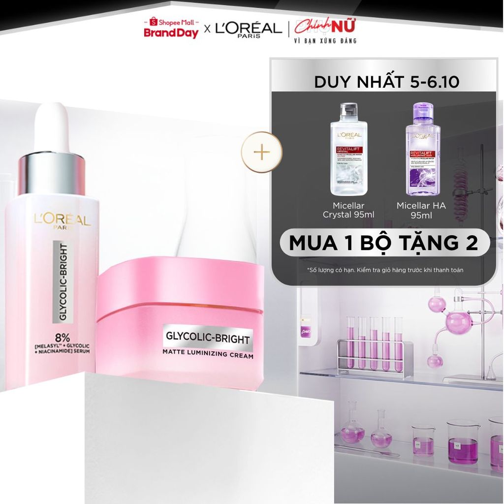Bộ đôi serum & kem dưỡng sáng da đột phá Melasyl mờ thâm mụn, nám L'Oreal Paris Glycolic Bright 30ml, 50ml