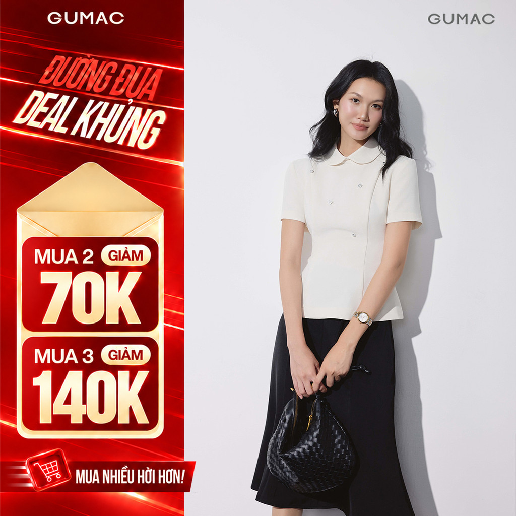 [VOUCHER 70K] Áo Kiểu Peplum Nữ GUMAC Tay Ngắn Cổ Sen Đính Nút Kiểu Dây Kéo Bigsize Thanh Lịch Công Sở LAG09083