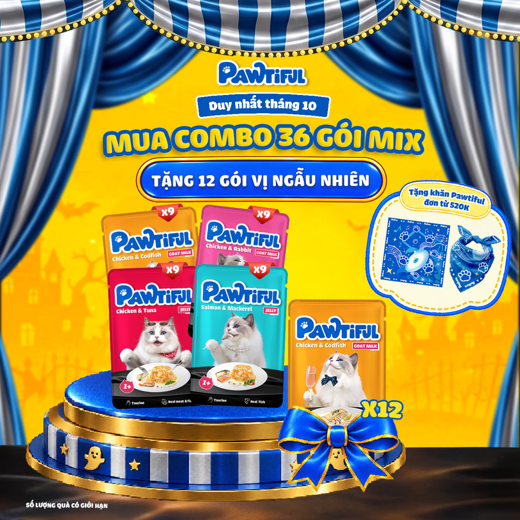 [MUA 36 TẶNG 12] Combo 36 gói Pate Pawtiful cho mèo mix 2 dạng Sữa Dê & Thạch 70G x36
