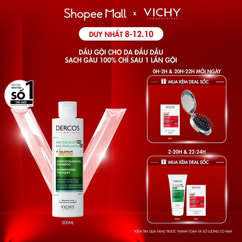 Dầu gội sạch gàu Dercos VICHY 100% chỉ sau 1 lần gội dành cho da dầu & ngứa, SỐ 1 Việt Nam chuyên gia khuyên dùng 200ml