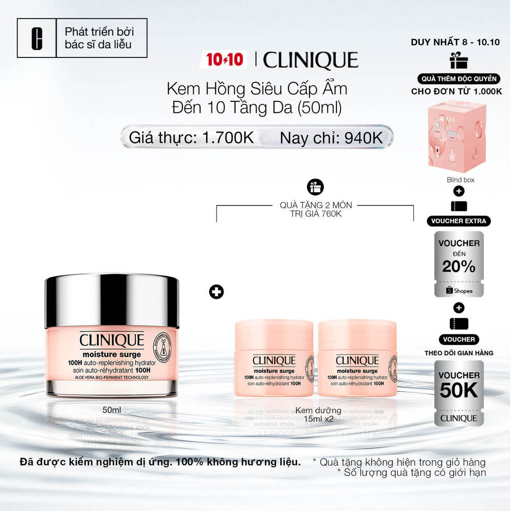 Kem hồng dưỡng ẩm tức thì 100H Clinique Moisture Surge 100H Auto-Replenishing Hydrator - Moisturizer (30ml, 50ml, 75ml)