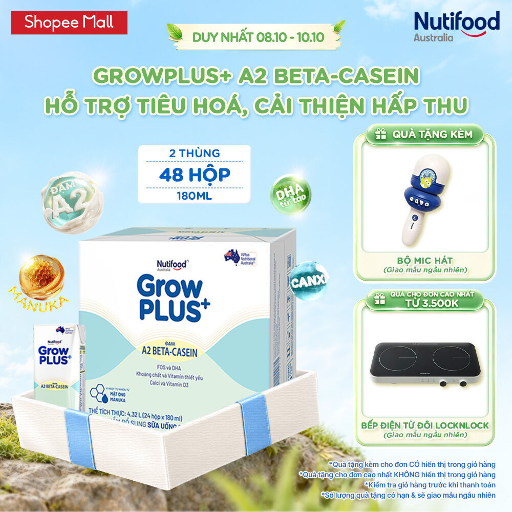 Combo 2 x Thùng 24 hộp Sữa bột pha sẵn GrowPLUS+ Đạm A2 Beta-Casein Hộp 180ml hỗ trợ tiêu hóa, hấp thu dưỡng chất