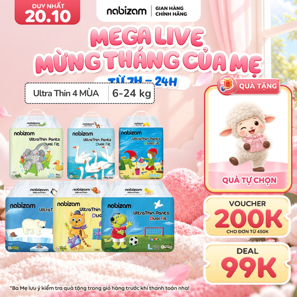 [Quà tự chọn] [4 BỊCH] Tã/Bỉm Quần Nabizam Ultra Thin 4 Mùa Nội Địa Hàn Siêu Mềm Mỏng, Thoáng Khí, Đủ Size Cho Bé 6-24kg