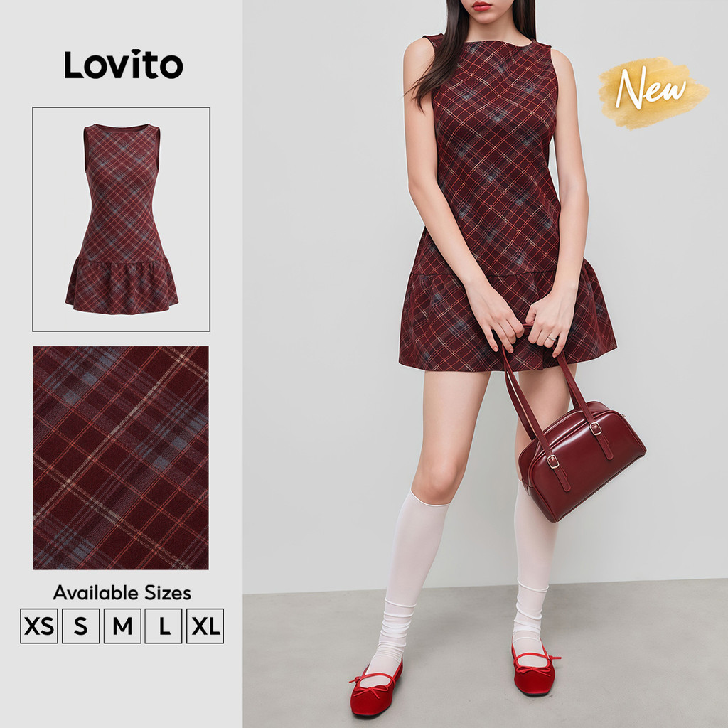 (New Arrival) Lovito Váy nữ màu đỏ dáng chữ a ngắn họa tiết Ca rô Phong cách thường ngày mặc đi chơi cuối tuần mùa xuân hè DRK10TD244