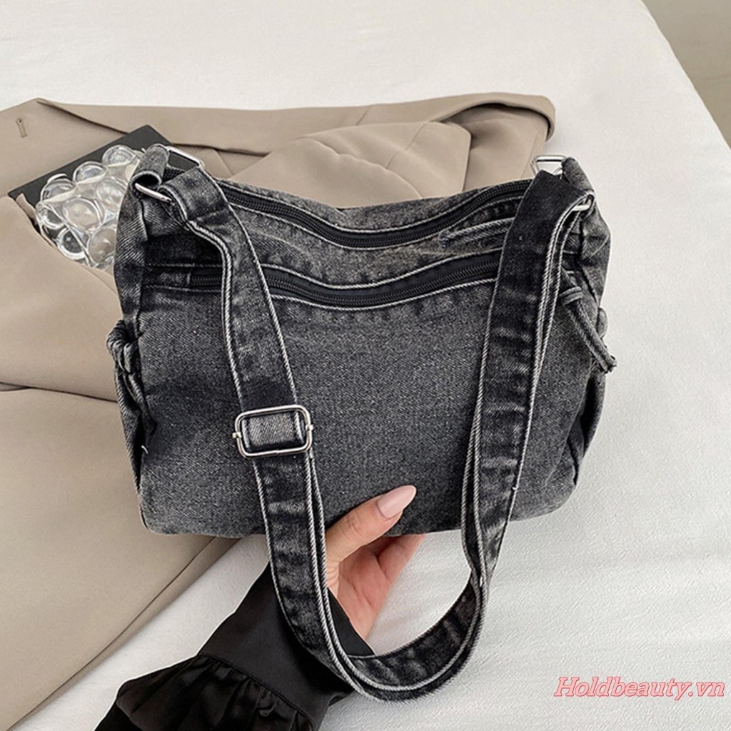 Túi đeo chéo Denim dung tích lớn với nhiều túi có khóa kéo và dây đeo có thể điều chỉnh Túi đeo vai Jean hợp thời trang dành cho nữ