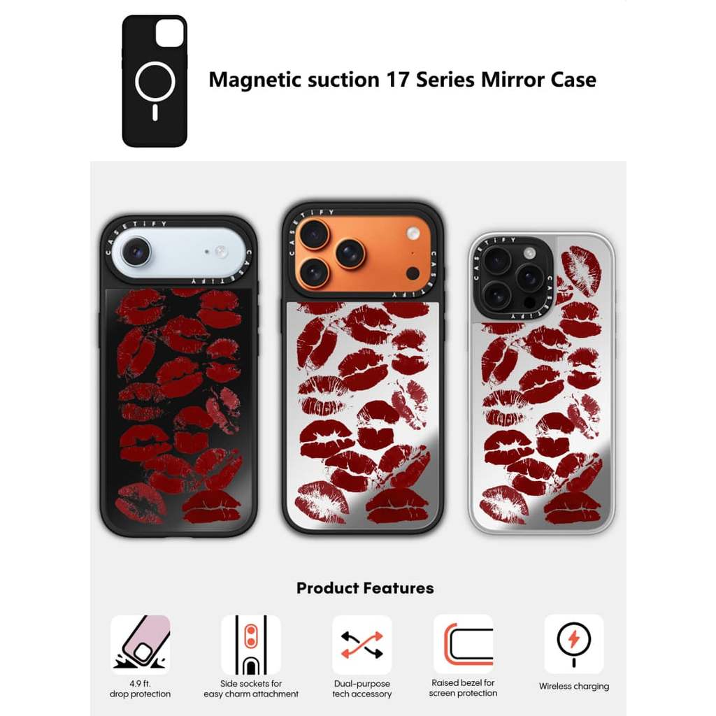 CASECASE X Red Lips Case Black & Sliver Mirror Vỏ iPhone hút từ tính cho iPhone 17 Air 16 15 14 13 12 Pro Max Plus Ốp lưng cứng có hộp khắc logo
