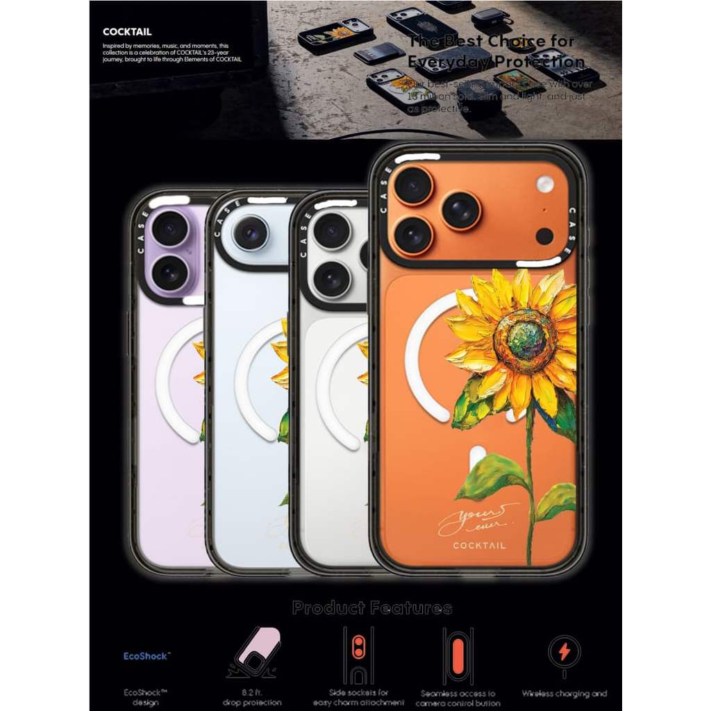 CASECASE X COCKTAIL 's Sunflower Black Edge Clear Hard Từ Hút Tác Động Dành Cho Apple IPhone 12 13 14 15 16 17 Pro Max Air Plus Có Hộp