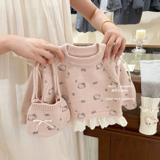Bé Gái Thu Đông Phù Hợp Với kt Mèo Chui Đầu Hoạt Hình Áo Len Dệt Kim Bộ Đồ Hai Mảnh